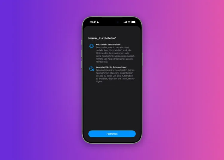 iPhone mit dem Begrüßungsbildschirm der Kurzbefehle-App, der „Kurzbefehl beschreiben“ vorstellt – die Funktion, die laut Code in iOS 27.2 Kurzbefehle aus Apps anderer Anbieter einbinden soll