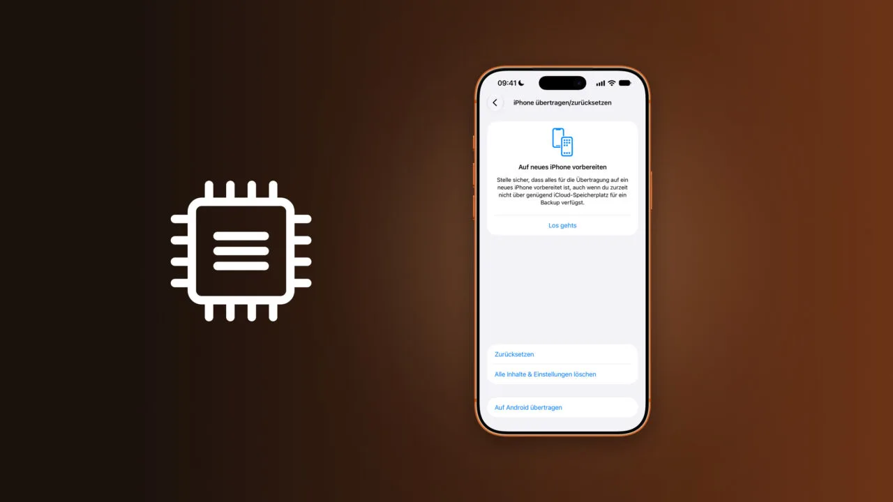 iOS 27.2 Speicher überschreiben: iPhone mit der Einstellung iPhone übertragen/zurücksetzen und der Option Alle Inhalte & Einstellungen löschen, daneben ein Speicherchipsymbol