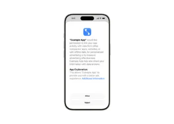 iOS 27.2 Tracking-Abfrage: iPhone mit Apples Beispiel der alternativen Abfrage, App-Erklärung, Link zu zusätzlichen Informationen und zwei Schaltflächen zum Erlauben oder Ablehnen