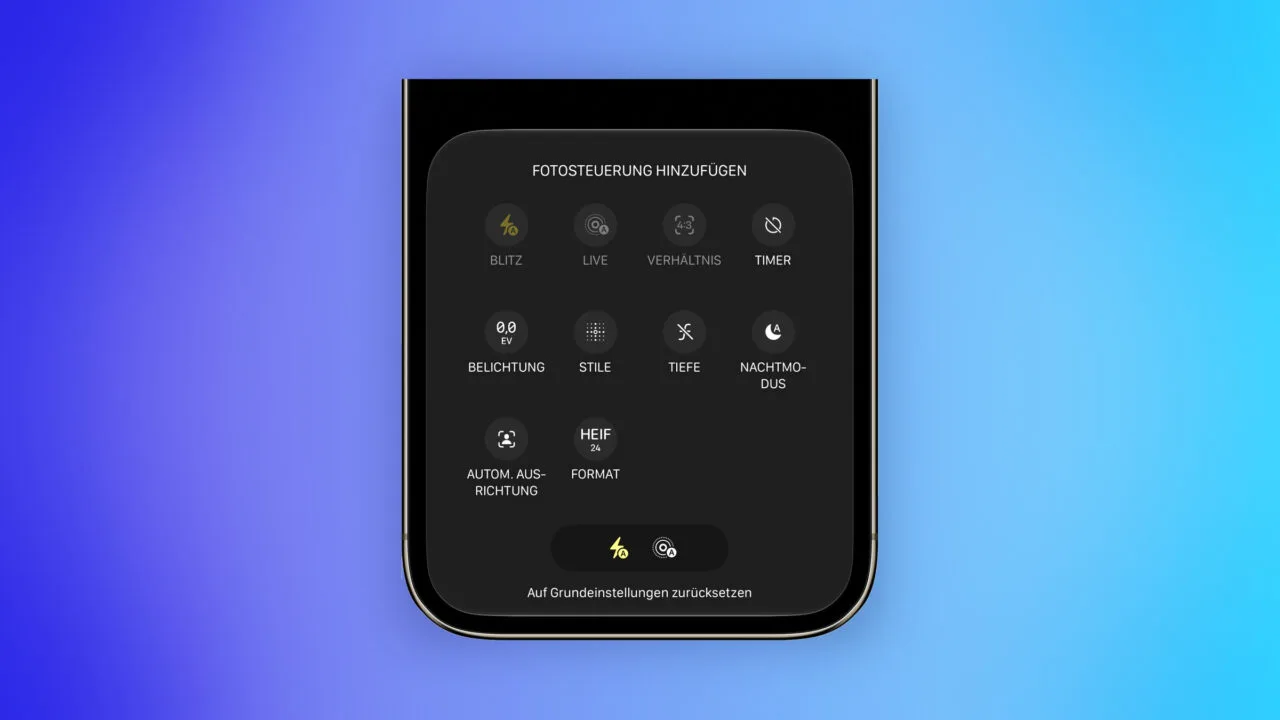 iOS 27 Kamera App anpassbare Steuerung: Auswahlansicht Fotosteuerung hinzufügen mit zehn Steuerelementen