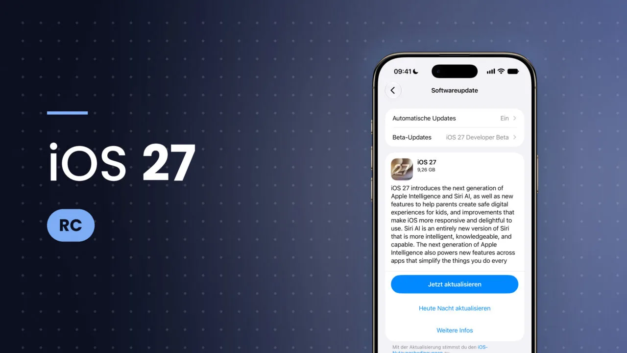 iPhone zeigt die Einstellungen zum Softwareupdate mit dem iOS 27 Release Candidate und dem Button zum Aktualisieren