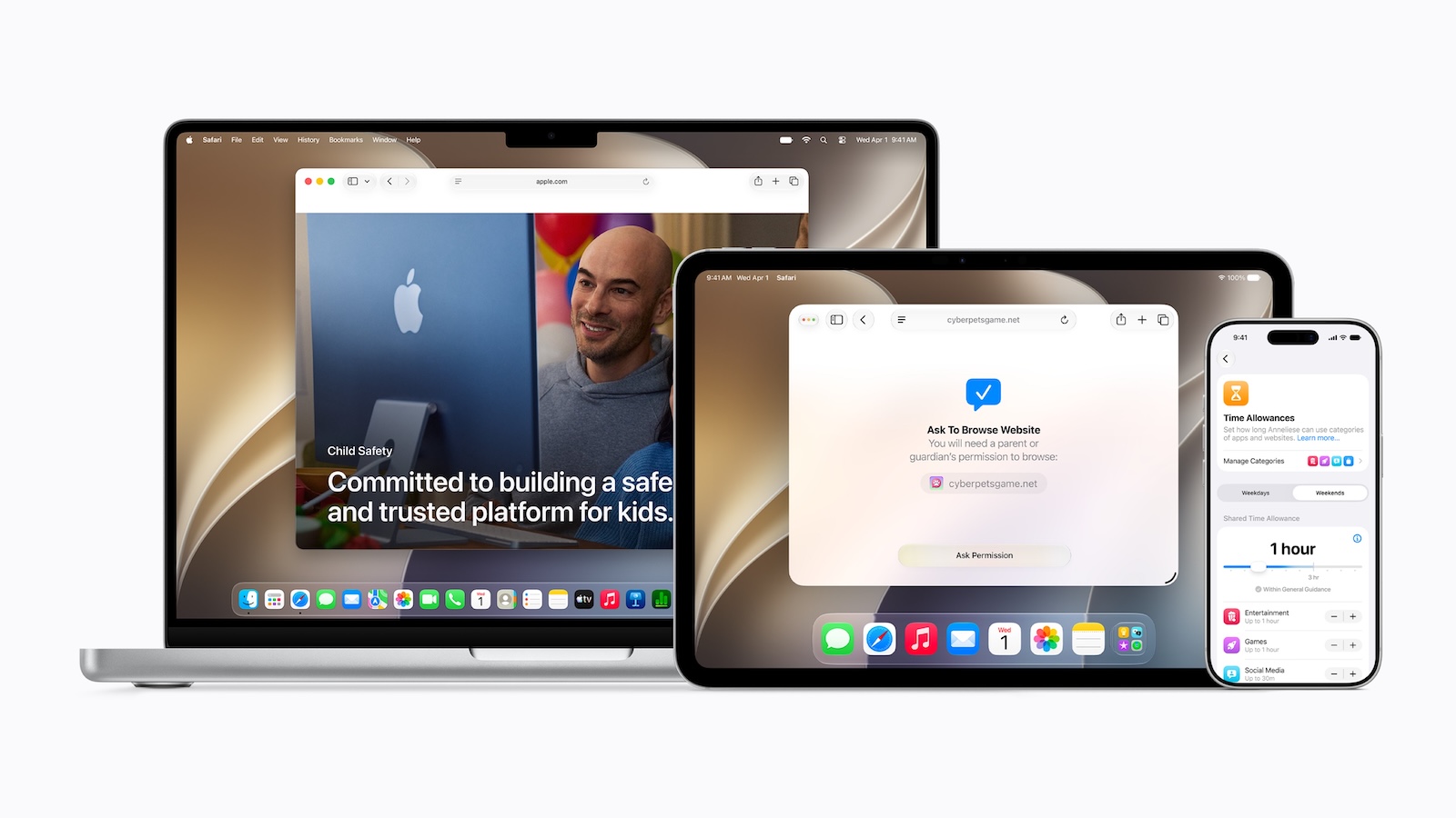 iOS 27 features: web permission request and time allowances shown on MacBook, iPad and iPhone