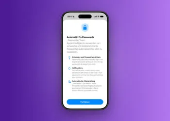 iOS 27 Funktionen fehlen: Einrichtungsdialog der automatischen Passwortkorrektur auf einem iPhone vor violettem Farbverlauf