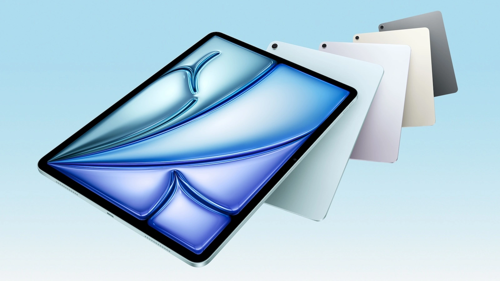 iPad Kaufberatung: iPad Air von vorne, dahinter vier Gehäusefarben aufgefächert
