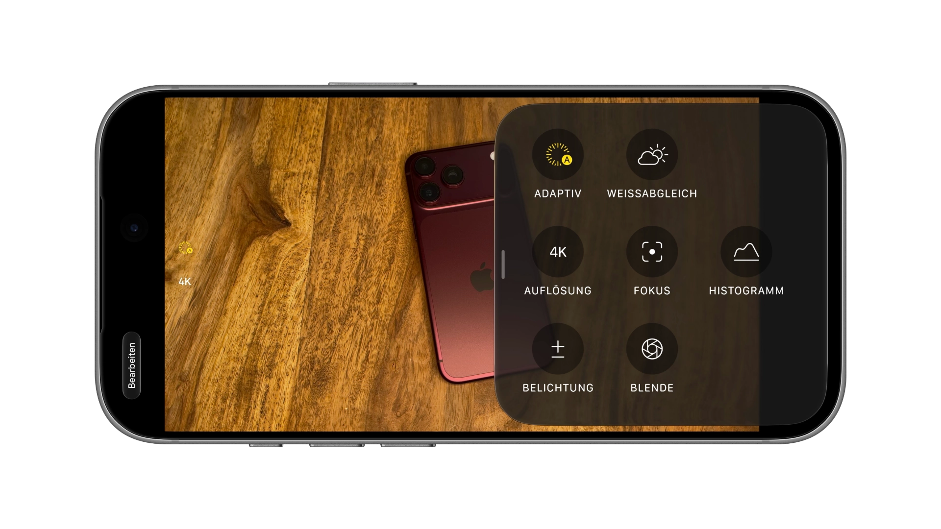 iPhone-Mockup mit der Kamera-App im Zeitraffer-Modus in 4K: Im Steuerfeld ist „Adaptiv“ aktiviert und gelb markiert, daneben Auflösung, Belichtung und die Pro-Steuerungen
