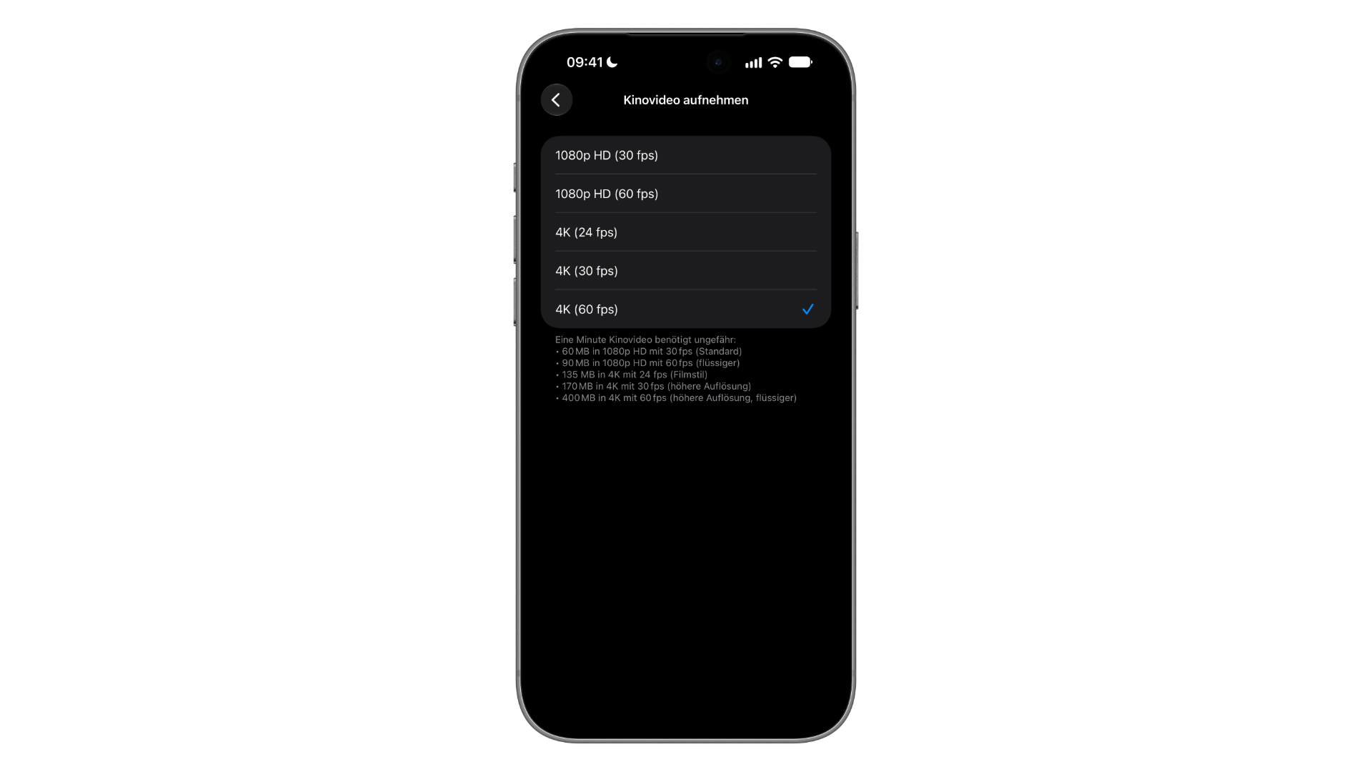 iPhone mockup of the Camera settings: under Record Cinematic, 4K at 60 fps is selected, with the storage required per minute listed below each option