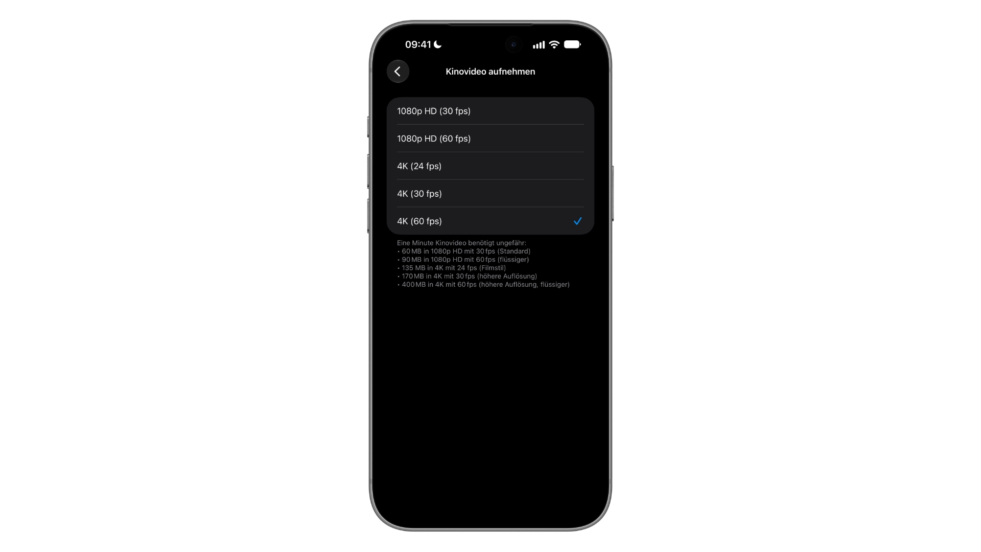 iPhone-Mockup mit den Kamera-Einstellungen: Unter „Kinovideo aufnehmen“ ist 4K mit 60 fps gewählt, darunter steht der Speicherbedarf pro Minute für jede Option