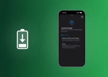 iPhone 18 Pro Max für den Versand vorbereiten: iPhone mit der Auswahl Grund für Versand und den Optionen Reparatur, Eintausch oder Rückgabe sowie Andere, daneben ein Akku mit Pfeil nach unten