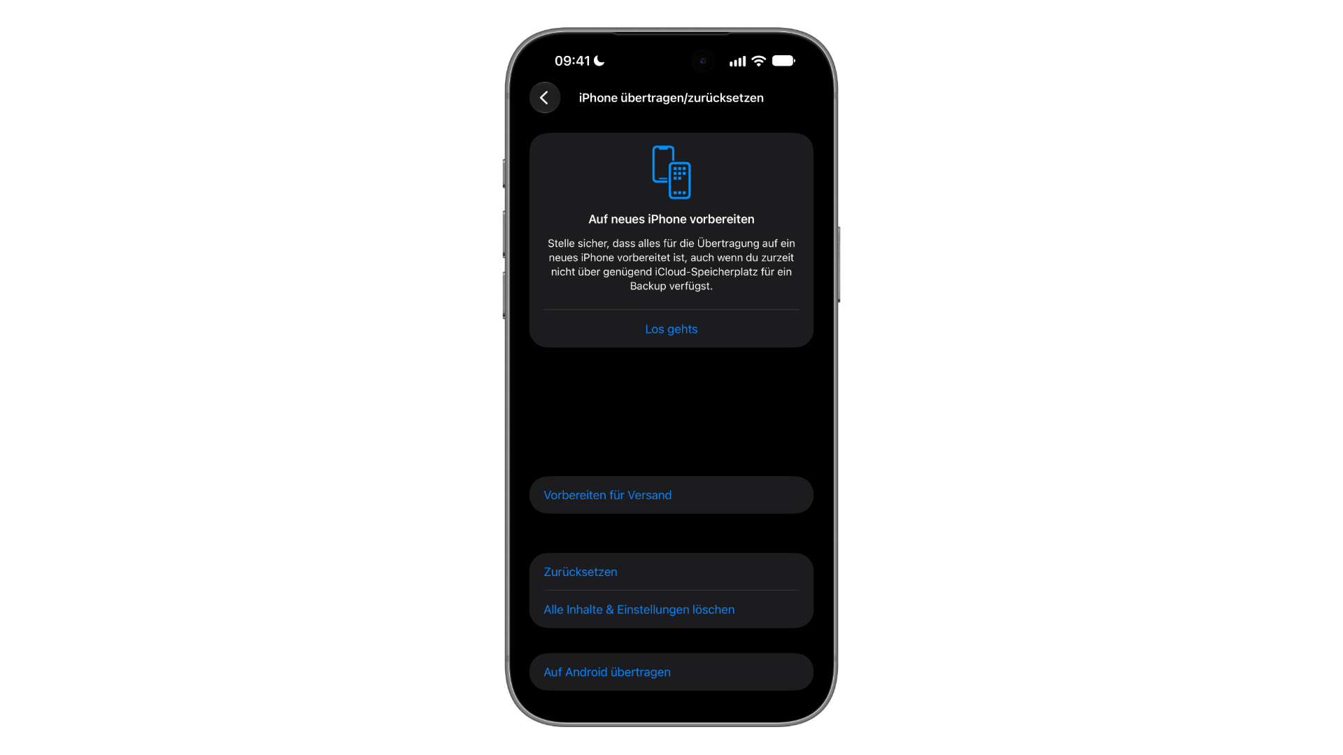Preparing iPhone 18 Pro Max for shipping: the Transfer or Reset iPhone menu with the Prepare to Ship entry below Prepare for New iPhone, followed by Reset and Erase All Content and Settings