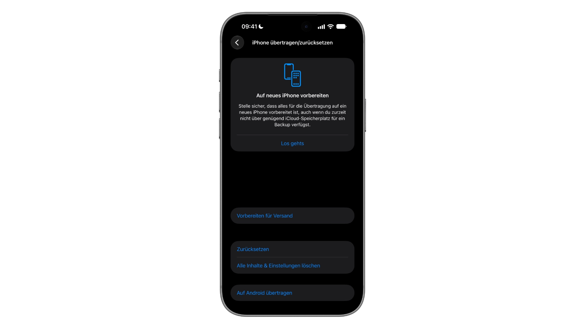 iPhone 18 Pro Max für den Versand vorbereiten: Menü iPhone übertragen/zurücksetzen mit dem Eintrag Vorbereiten für Versand unter Auf neues iPhone vorbereiten, darunter Zurücksetzen und Alle Inhalte & Einstellungen löschen