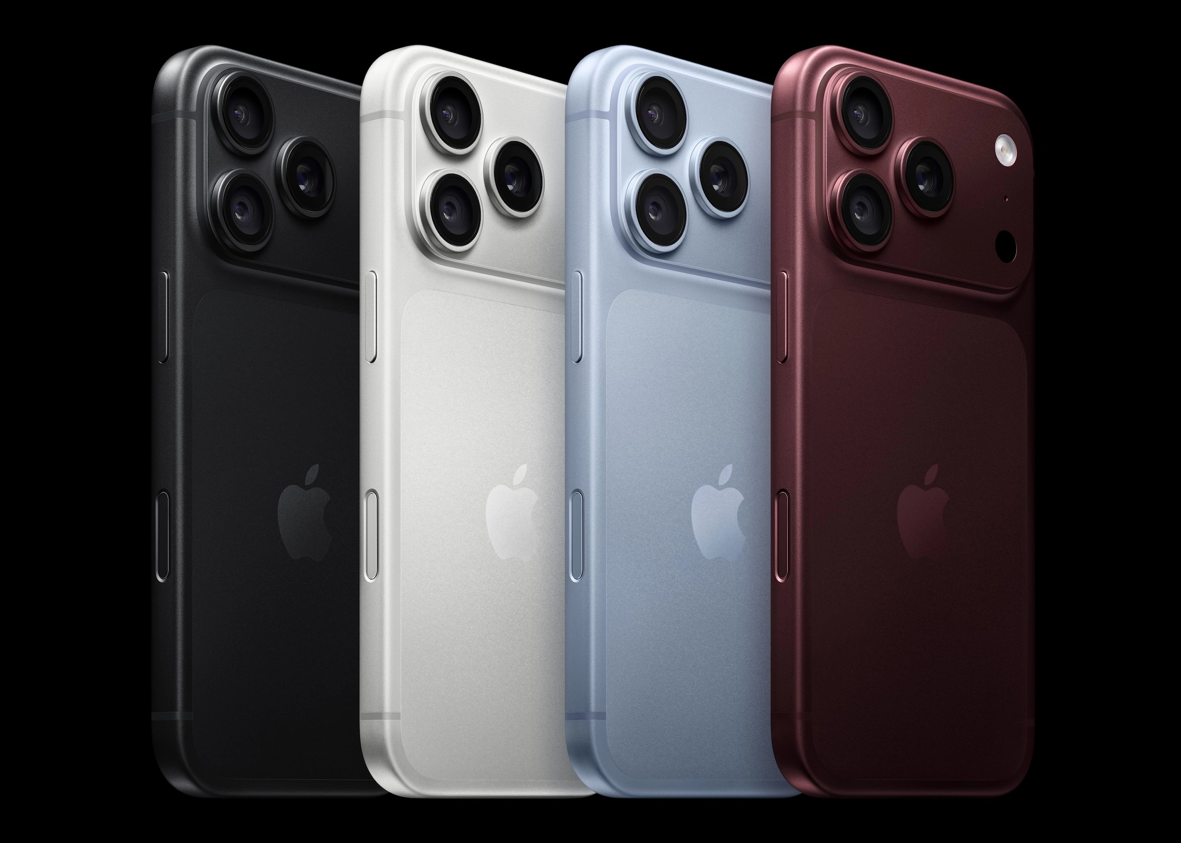 Rückseiten des iPhone 18 Pro in Schwarz, Silber, Polar und Burgunder mit farblich angepasster Glasfläche, zu den ersten Testberichten