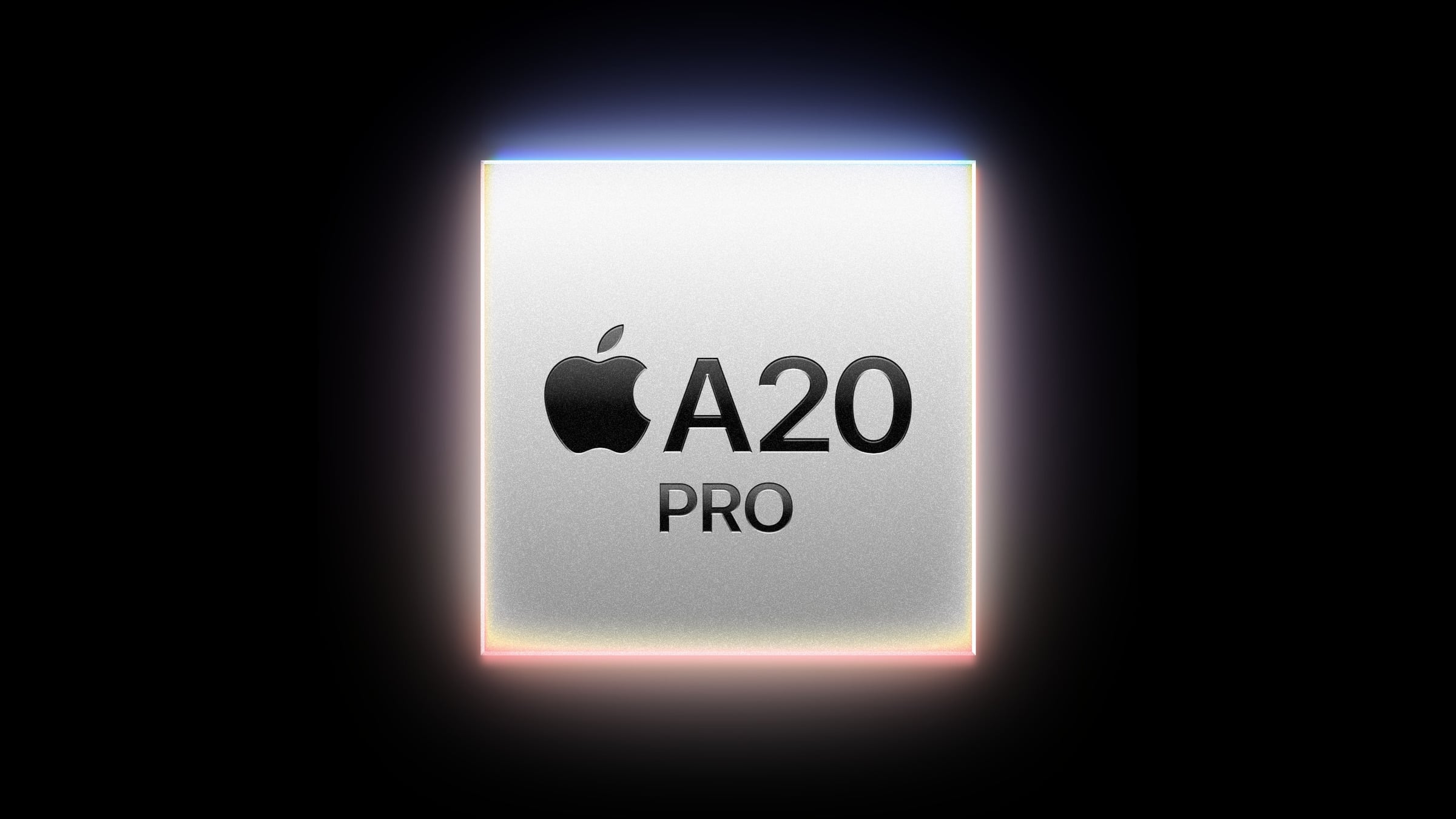 A20 Pro chip of iPhone 18 Pro, silver surface with Apple logo and coloured edge glow on black