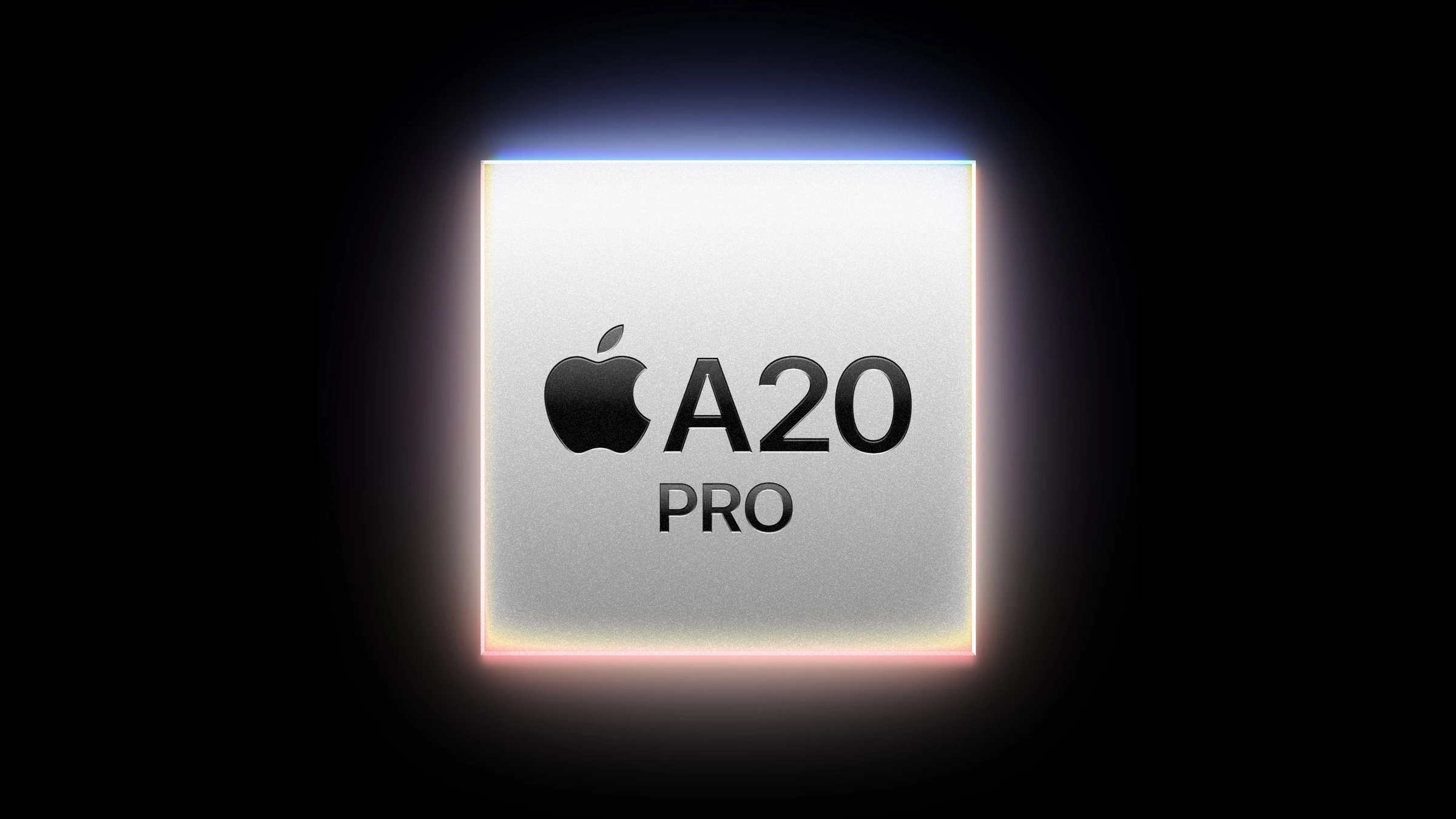 A20 Pro Chip des iPhone 18 Pro, silberne Fläche mit Apple Logo und farbigem Randleuchten vor Schwarz