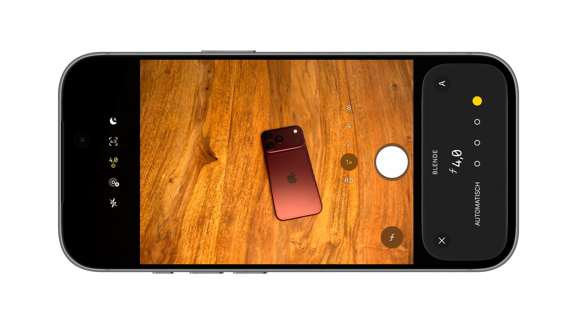 iPhone mockup of the iPhone 18 Pro Camera app: ƒ/4.0 is selected in the aperture control, and the top bar shows the aperture icon with the value 4.0