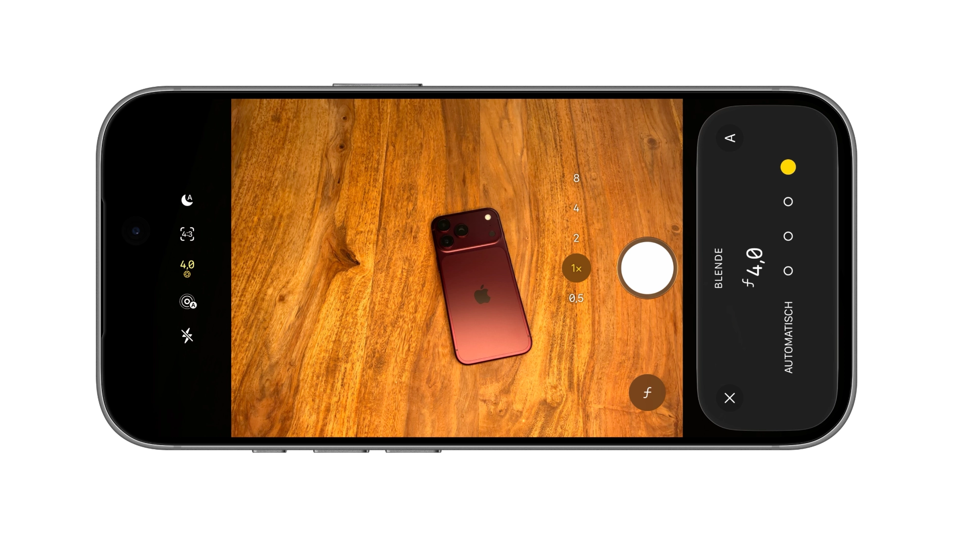 iPhone-Mockup mit der Kamera-App des iPhone 18 Pro: In der Blendenauswahl ist ƒ/4,0 gewählt, die obere Leiste zeigt das Blendensymbol mit dem Wert 4,0