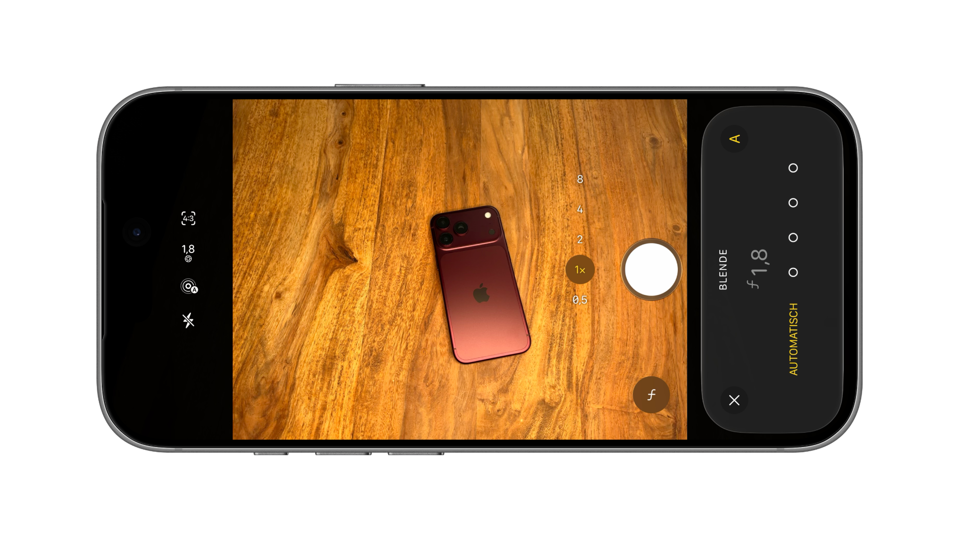 iPhone mockup of the iPhone 18 Pro Camera app: the aperture control is set to automatic, and the display shows the aperture ƒ/1.8 chosen by the iPhone