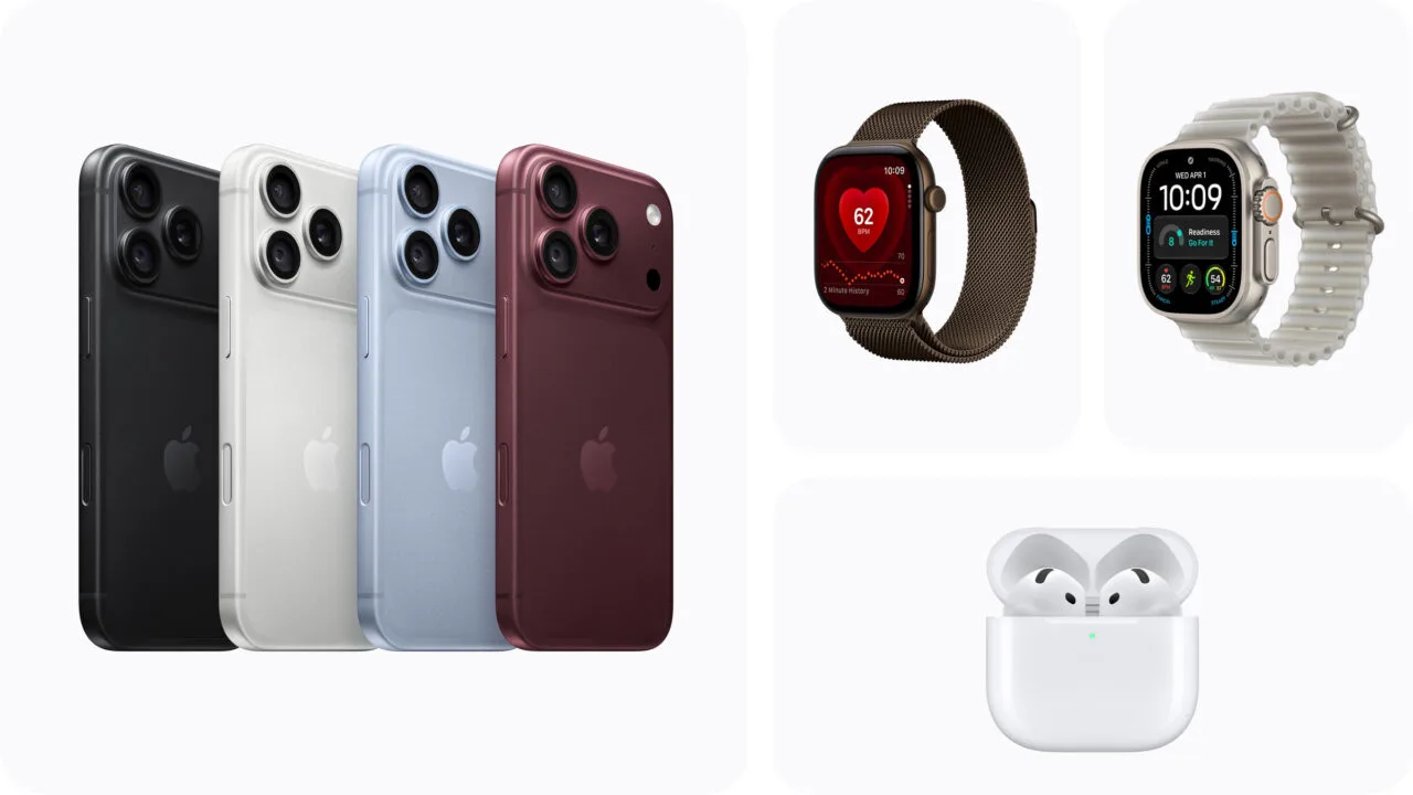 iPhone 18 Pro Verkaufsstart: vier iPhone 18 Pro in Schwarz, Silber, Polar und Burgunder neben zwei Apple Watch Modellen und AirPods im Ladecase