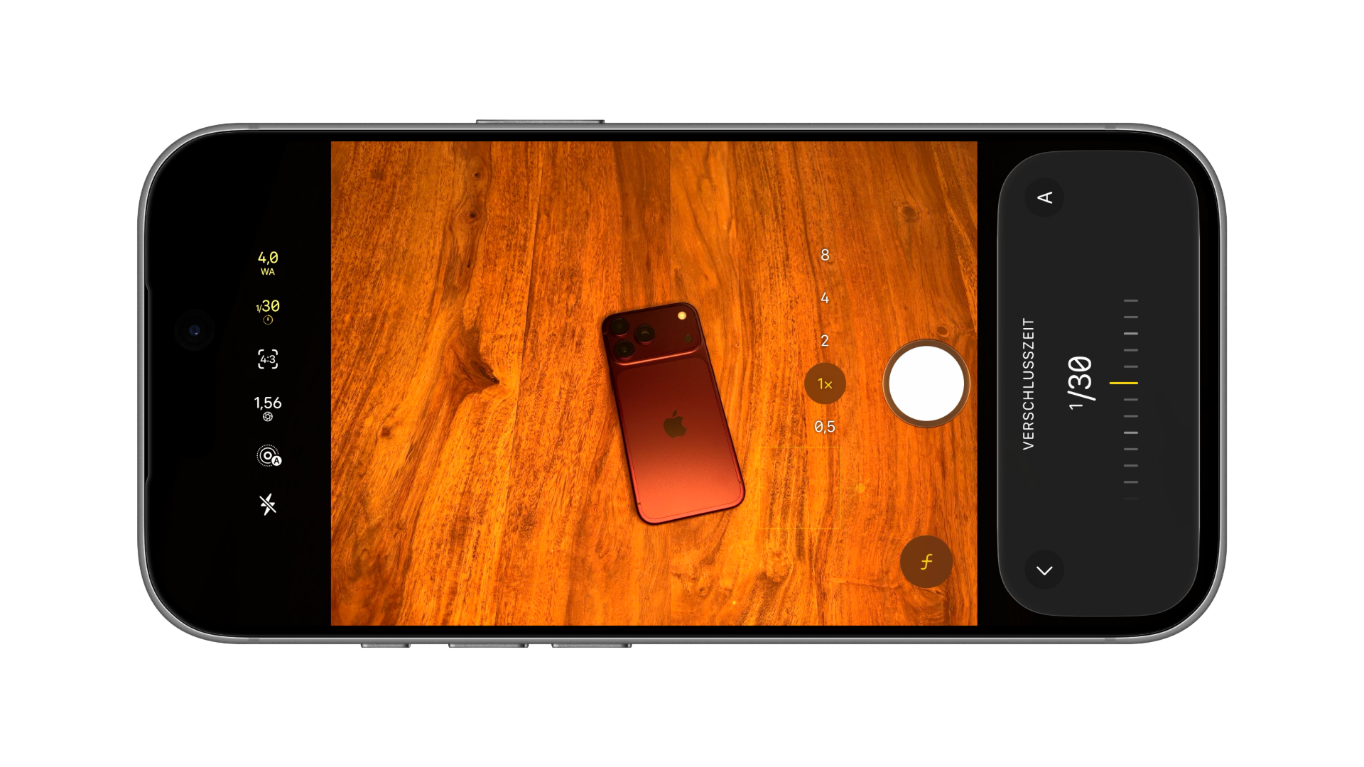 iPhone mockup of the iPhone 18 Pro Camera app: the shutter speed is set using a slider, with the selected value shown above it and in the top bar