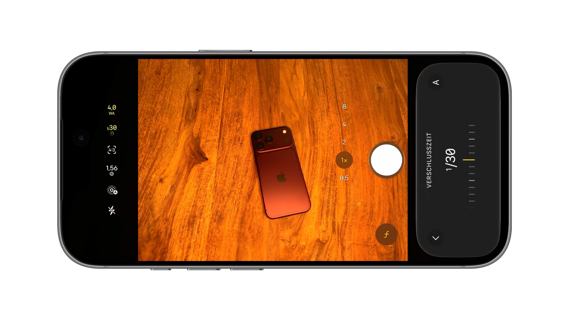 iPhone-Mockup mit der Kamera-App des iPhone 18 Pro: Die Verschlusszeit wird über einen Regler eingestellt, der gewählte Wert erscheint groß darüber und oben in der Leiste