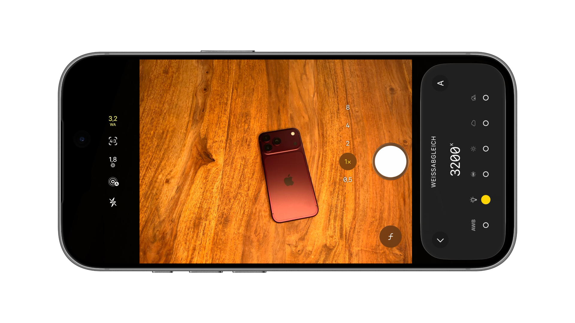 iPhone mockup of the iPhone 18 Pro Camera app: the white balance control shows AWB and five presets, with the selected value displayed in the top bar