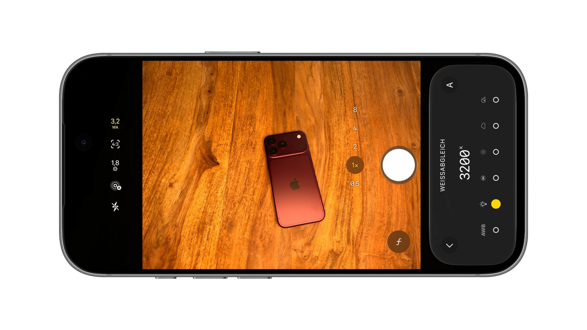 iPhone-Mockup mit der Kamera-App des iPhone 18 Pro: Die Steuerung für den Weißabgleich zeigt AWB und fünf Voreinstellungen, oben in der Leiste steht der gewählte Wert
