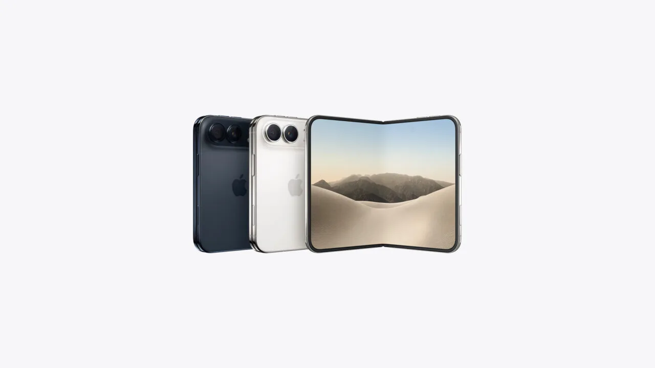iPhone Duo im Datenblatt: das faltbare iPhone halb geöffnet neben zwei geschlossenen Geräten in Dunkelblau und Weiß