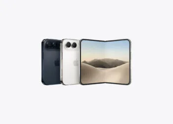 iPhone Duo im Datenblatt: das faltbare iPhone halb geöffnet neben zwei geschlossenen Geräten in Dunkelblau und Weiß