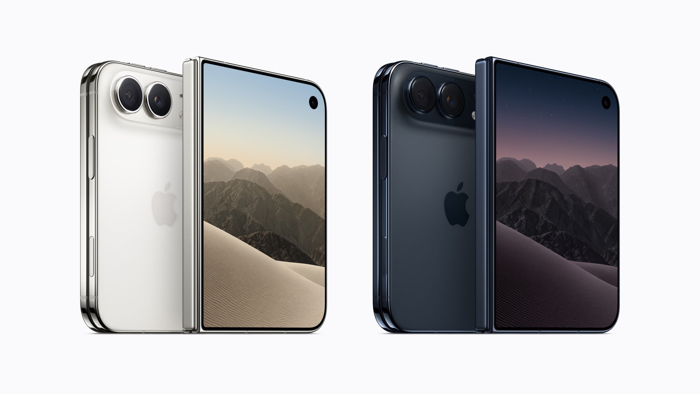 iPhone Duo in star white and night sky, both opened showing the back and the display