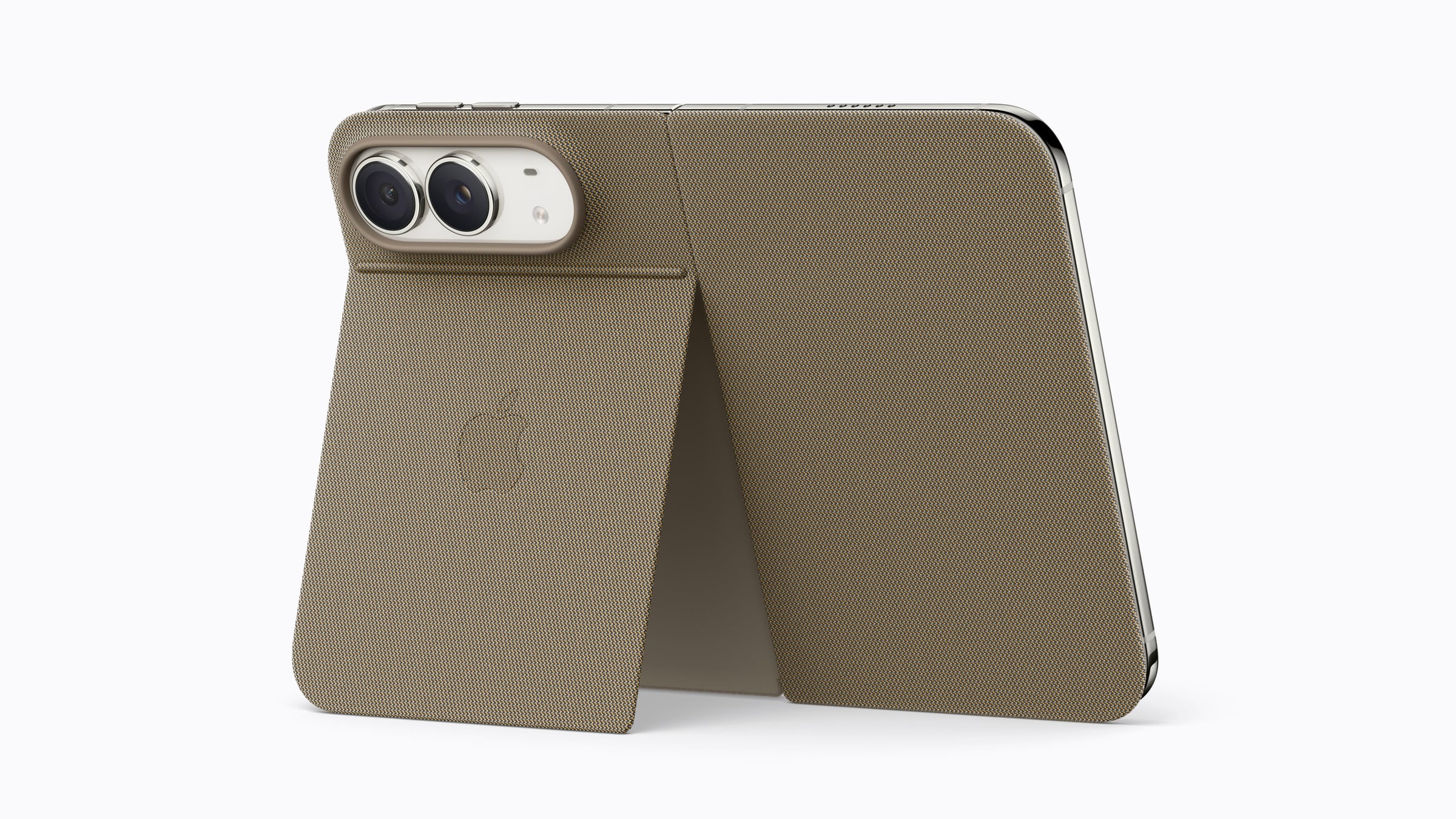 iPhone Duo in the taupe Folio, propped up on its built-in kickstand, seen from the back