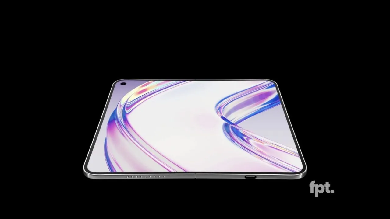 Konzeptdarstellung eines aufgeklappten faltbaren iPhone mit durchgehendem Bildschirm, Thema ist das iPhone Duo