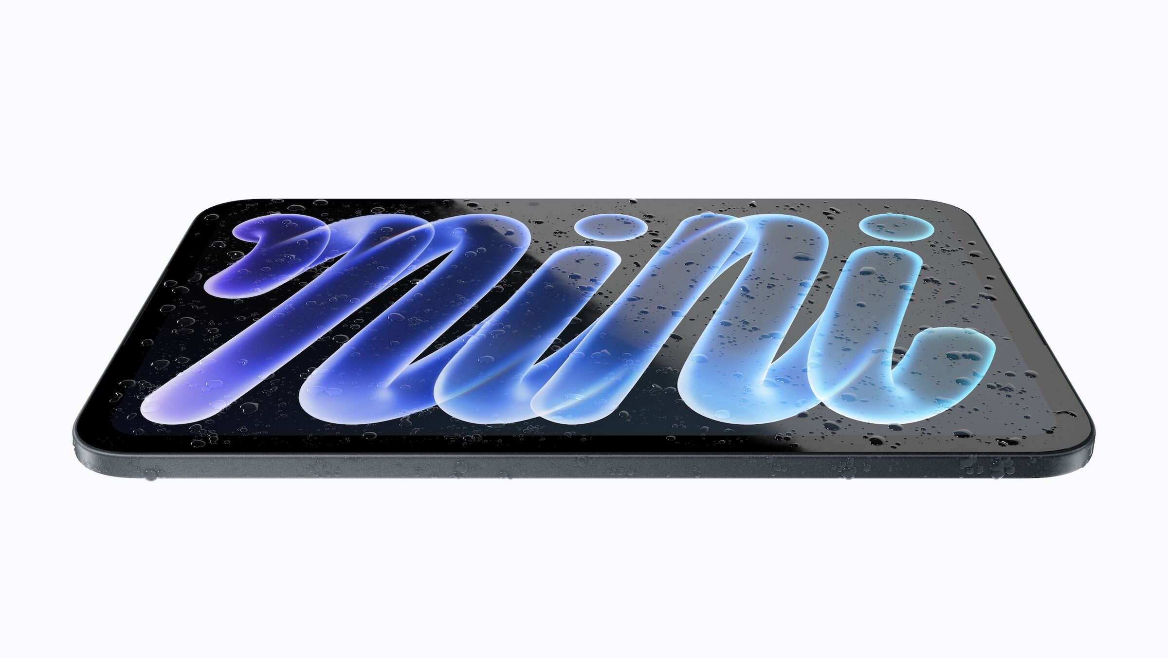 iPhone Duo or iPad mini: the iPad mini in midnight lies flat with water droplets on its display and enclosure
