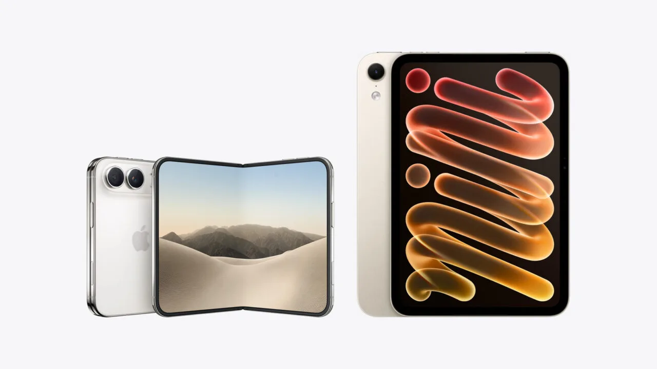 iPhone Duo oder iPad mini: das aufgeklappte iPhone Duo neben dem neuen iPad mini im maßstabsgetreuen Größenvergleich