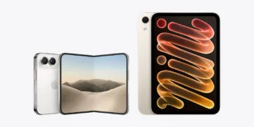 iPhone Duo oder iPad mini: das aufgeklappte iPhone Duo neben dem neuen iPad mini im maßstabsgetreuen Größenvergleich