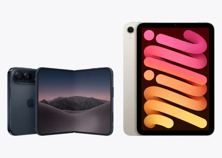 iPhone Duo aufgeklappt neben dem iPad mini im maßstabsgetreuen Größenvergleich