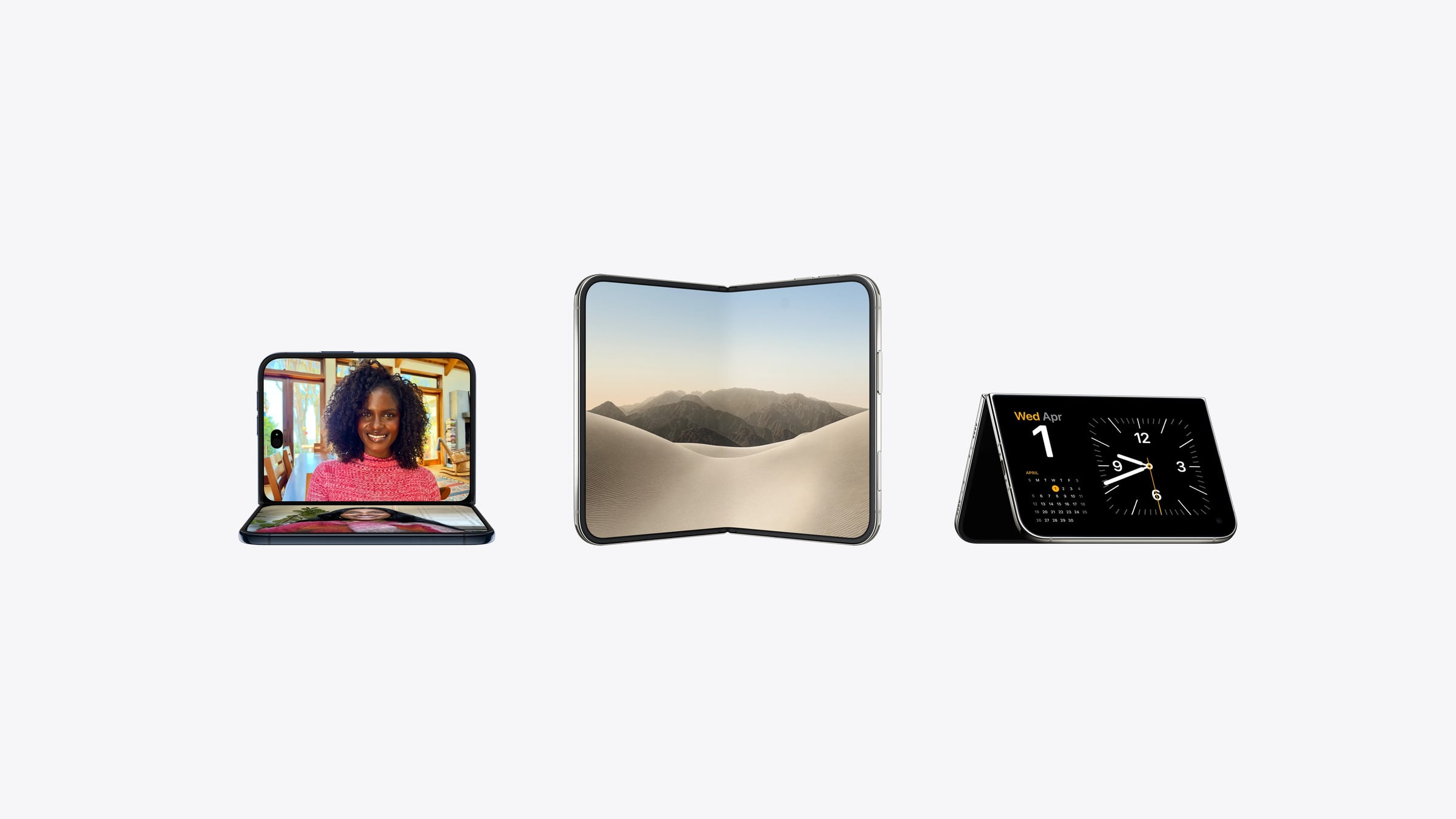 iPhone Duo or iPhone 18 Pro: the iPhone Duo in three positions – partly unfolded during a FaceTime call, fully unfolded, and in tent mode showing a clock