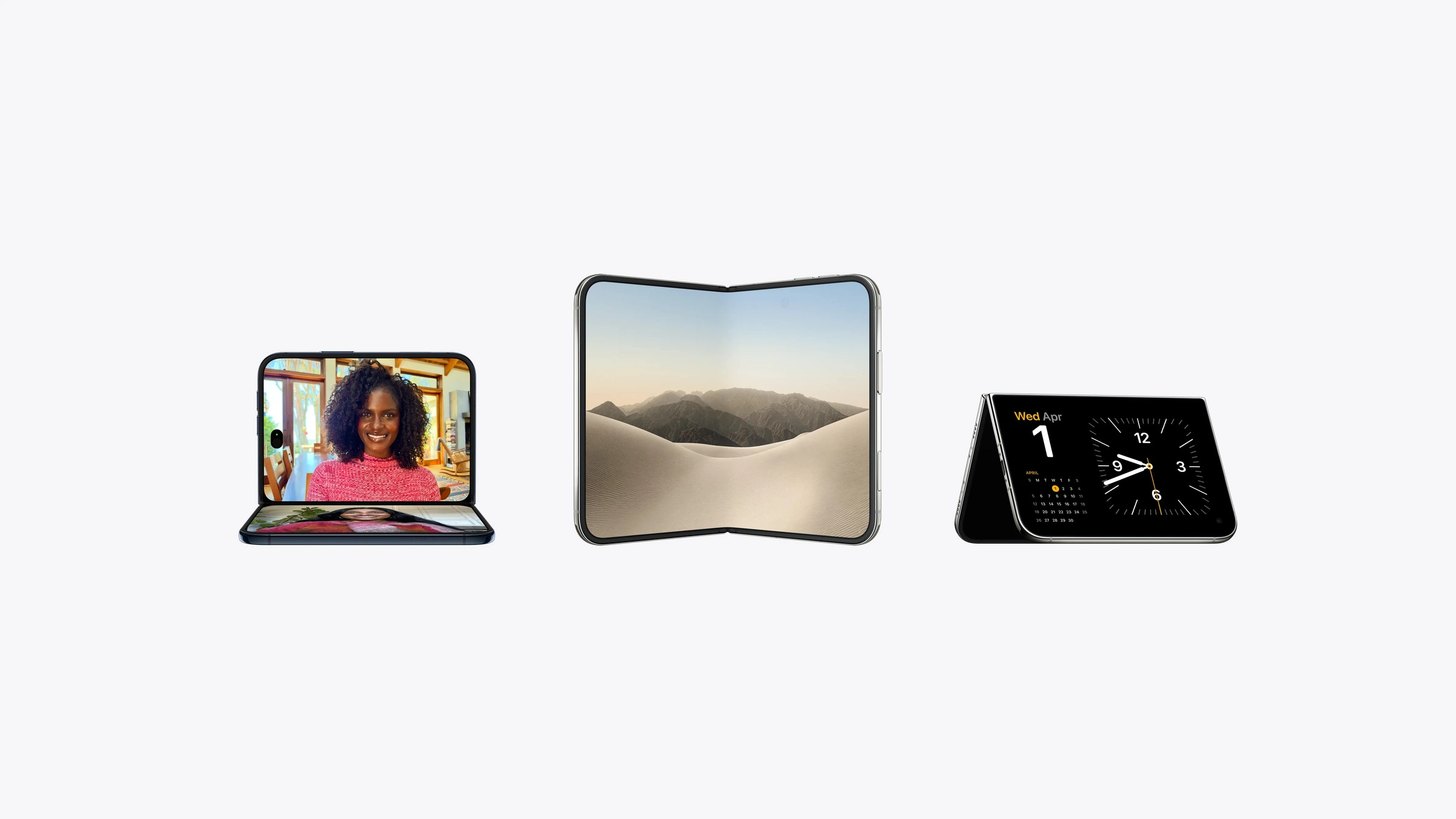 iPhone Duo oder iPhone 18 Pro: das iPhone Duo in drei Zuständen – teilweise aufgeklappt bei einem FaceTime-Anruf, vollständig aufgeklappt und im Zeltmodus mit Uhr