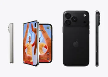 iPhone Duo oder iPhone 18 Pro: das iPhone Duo in Sternenweiß zusammengeklappt und aufgeklappt neben dem iPhone 18 Pro Max in Schwarz, maßstabsgetreu nebeneinander