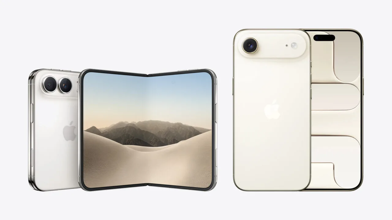 iPhone Duo oder iPhone Air: das aufgeklappte faltbare iPhone links neben dem iPhone Air, beide maßstabsgetreu auf gemeinsamer Standlinie