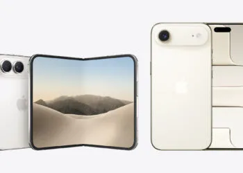 iPhone Duo oder iPhone Air: das aufgeklappte faltbare iPhone links neben dem iPhone Air, beide maßstabsgetreu auf gemeinsamer Standlinie