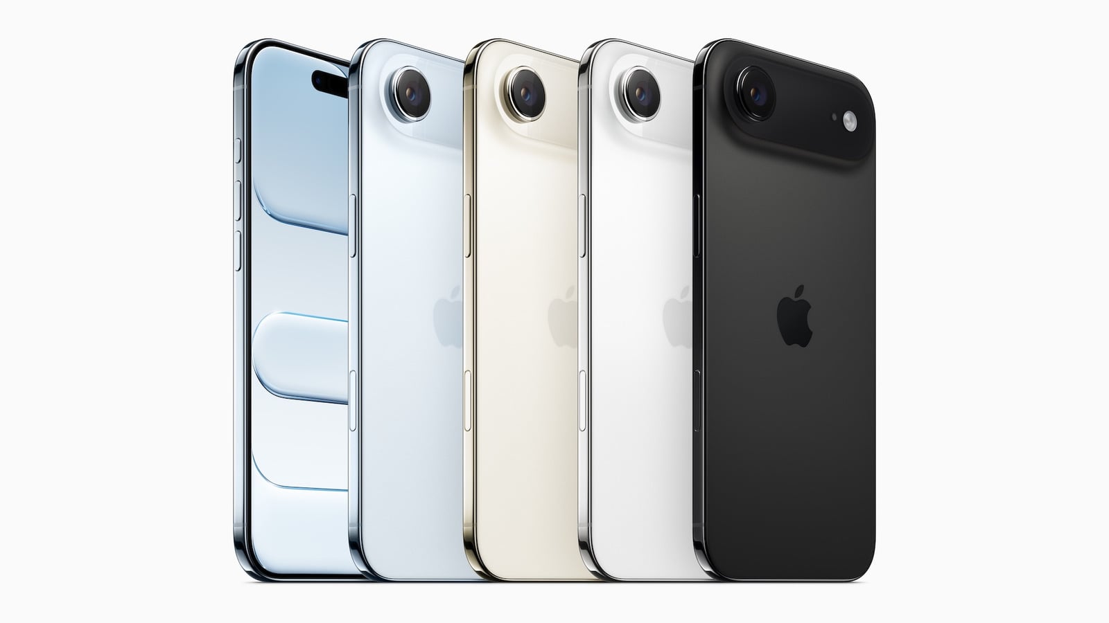 iPhone Duo or iPhone Air: the iPhone Air in its four colours side by side at an angle, with the front and Dynamic Island on the left
