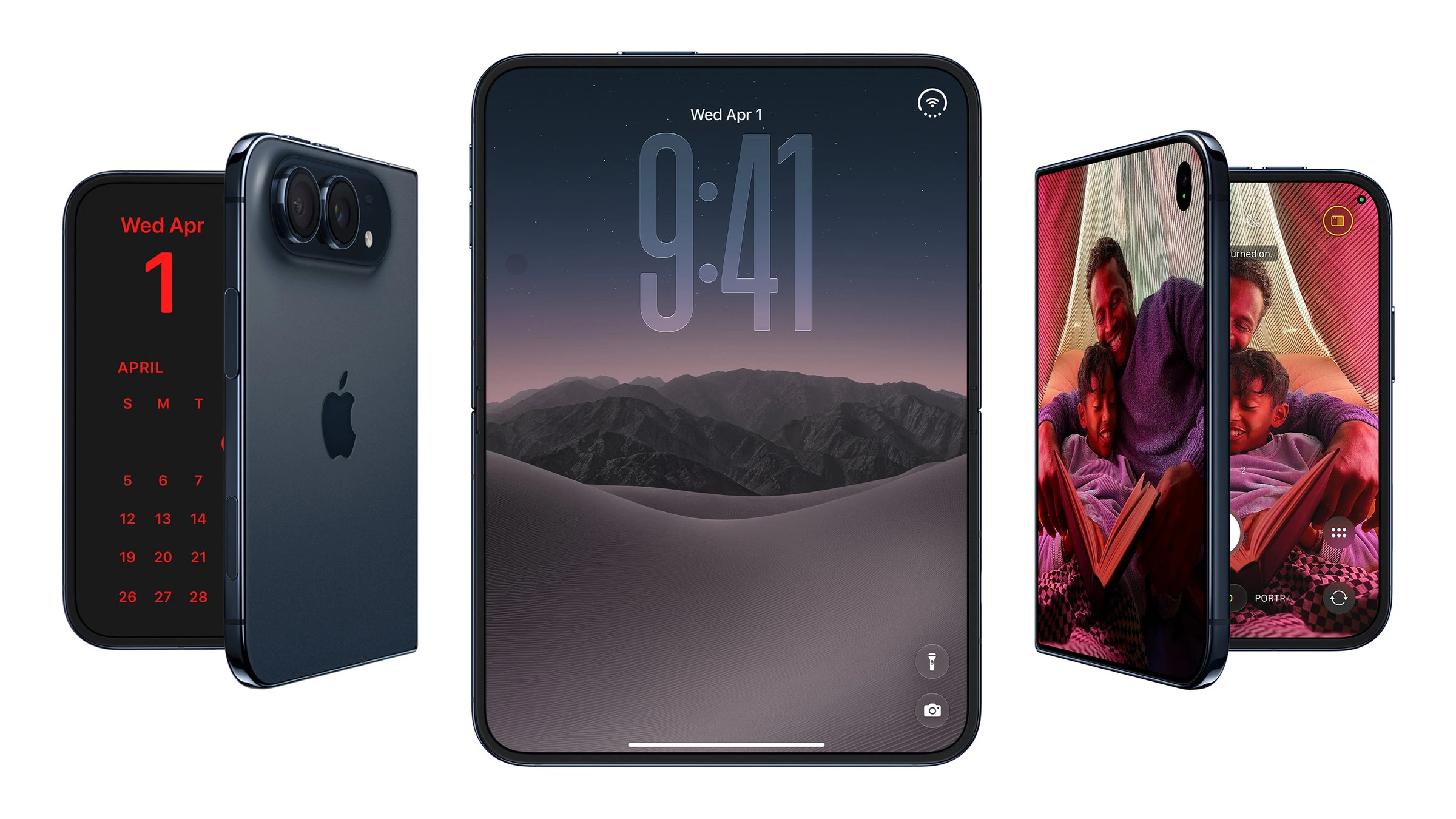 iPhone Duo oder iPhone Air: das iPhone Duo geschlossen mit äußerem Display, aufgeklappt mit großem Innendisplay und in der Kamera-App mit beiden Bildschirmen