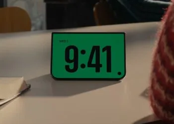 iPhone Duo im Standby, halb aufgeklappt auf einem Tisch aufgestellt, mit großer Digitaluhr auf grünem Hintergrund