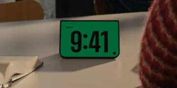 iPhone Duo im Standby, halb aufgeklappt auf einem Tisch aufgestellt, mit großer Digitaluhr auf grünem Hintergrund