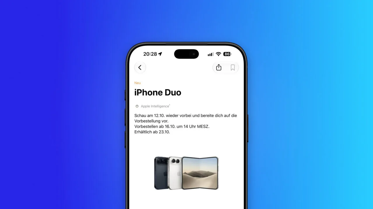 iPhone Duo Kaufseite in der Apple Store App auf einem iPhone mit dem Hinweis zur Vorbereitung ab 12.10. und Vorbestellung ab 16.10.