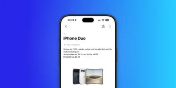 iPhone Duo Kaufseite in der Apple Store App auf einem iPhone mit dem Hinweis zur Vorbereitung ab 12.10. und Vorbestellung ab 16.10.