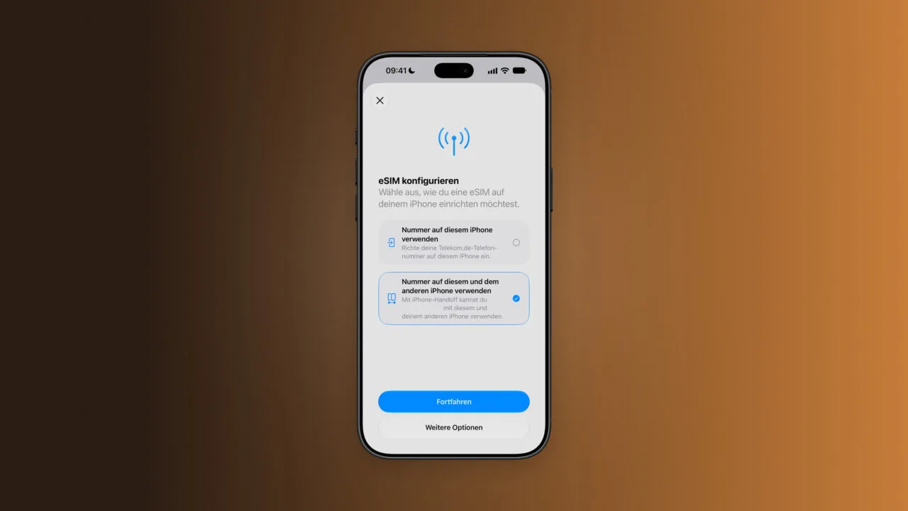 iPhone mit dem Fenster eSIM konfigurieren, in dem zum iPhone Handoff einrichten die Nutzung der Nummer auf zwei iPhones ausgewählt ist