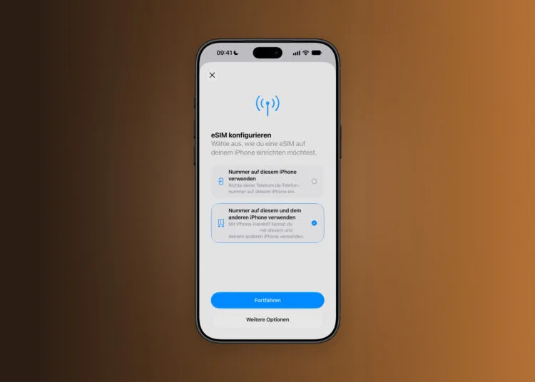 iPhone mit dem Fenster eSIM konfigurieren, in dem zum iPhone Handoff einrichten die Nutzung der Nummer auf zwei iPhones ausgewählt ist