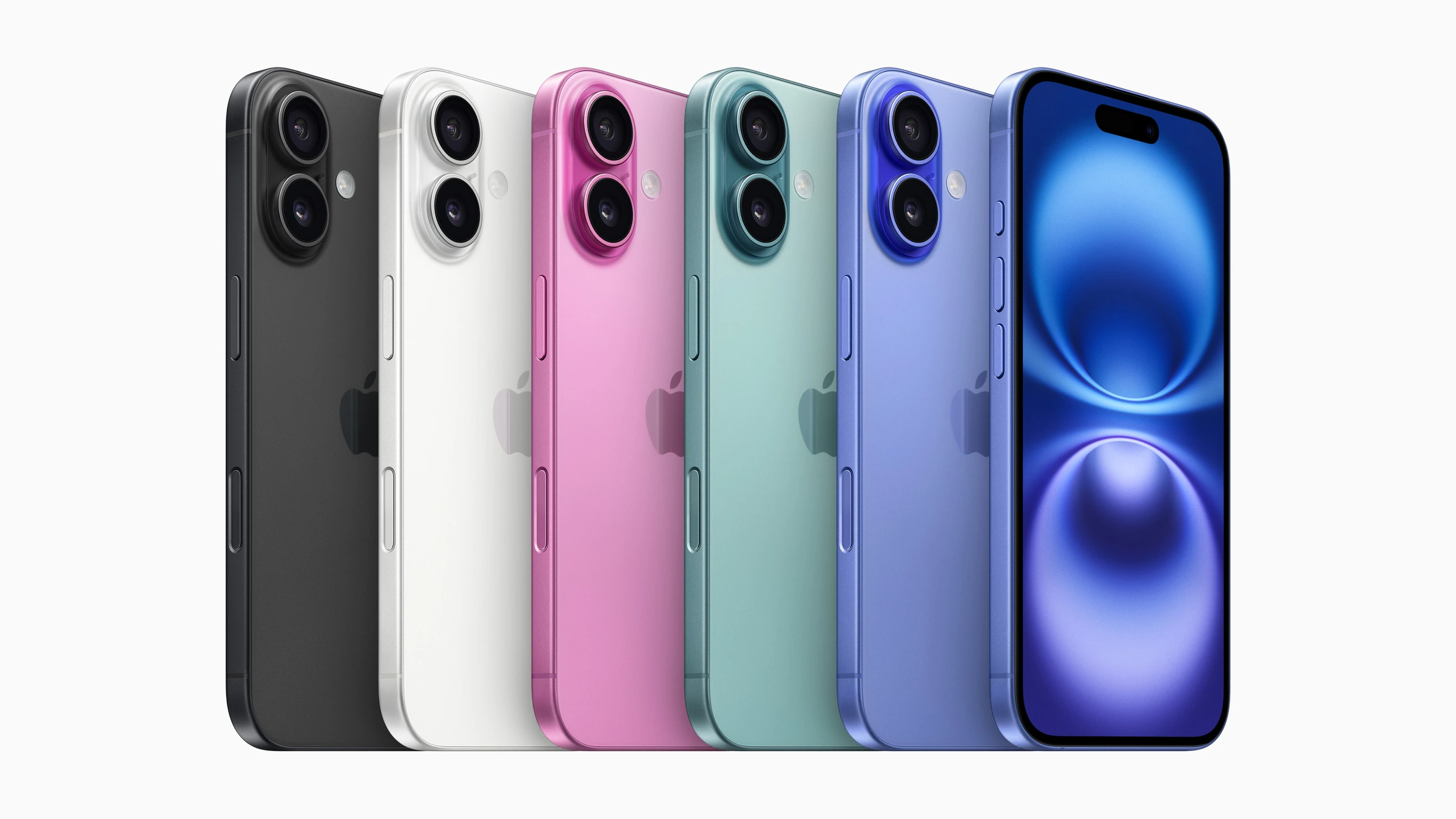 iPhone Kaufberatung: das iPhone 16 in mehreren Farben schräg nebeneinander mit dem Zwei-Kamera-Modul