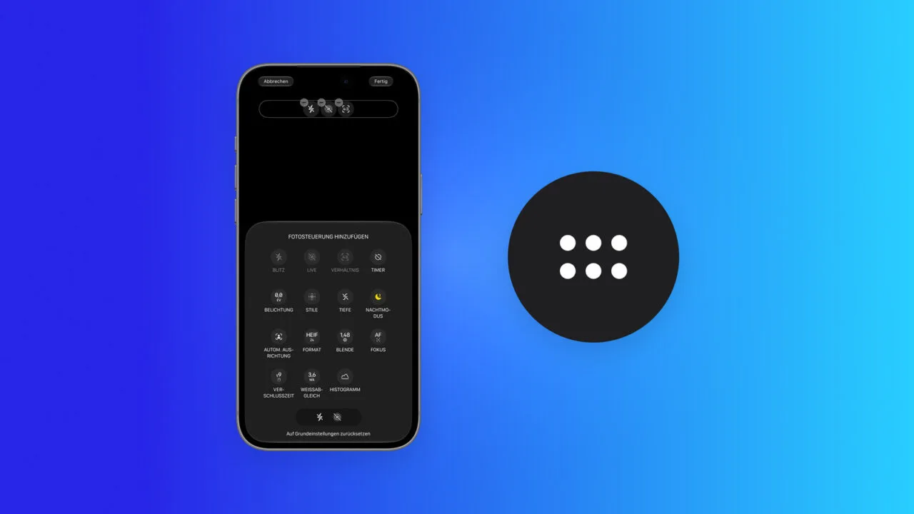 iPhone-Mockup mit iOS 27 zeigt die Bearbeitung der Kamera-App-Steuerelemente im Fotomodus, daneben das Symbol mit sechs Punkten, über das sich die Steuerelemente öffnen