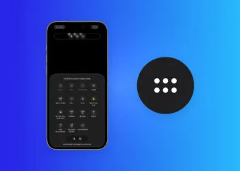 iPhone-Mockup mit iOS 27 zeigt die Bearbeitung der Kamera-App-Steuerelemente im Fotomodus, daneben das Symbol mit sechs Punkten, über das sich die Steuerelemente öffnen